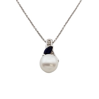 9ct White Gold Sapphire/Pearl Pendant with Chain